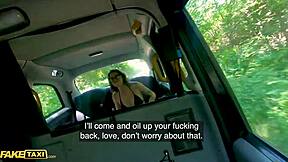 A pretty Canadian girl pretends to be a taxi driver and undresses in the backseat before being penetrated by a massive penis