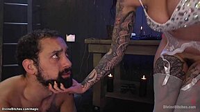 Femdom and man engage in BDSM with gagging and deepthroat