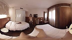 POV hotel room encounter with a brunette getting fucked in VR