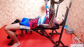 Two teenagers with big breasts give a double blowjob and handjob to their personal trainer with close-up views