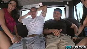Two amateur brunettes, Rachel Starr and Diamond Kitty, engage in outdoor car and bus sex acts