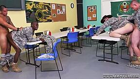 Gay military men and male sex slaves engage in threesome with gay blowjob and anal sex