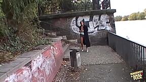 Brunette interviews with agent and gives a sloppy blowjob outdoors