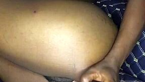 Thighs trembling from intense pleasure with 12-inch anal toy insertion