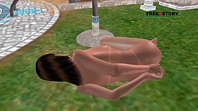 watching this 3d cartoon of a cute girl using a cucumber on the ground