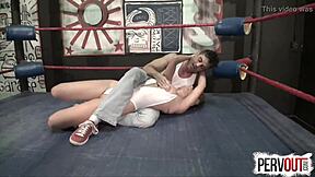 Sensual strapon action with ball play and mixed wrestling moves