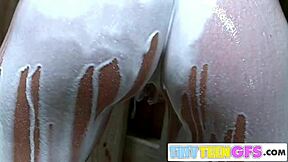 Petite girlfriend Brookeskye in a sensual milk bath, showing all her goodies