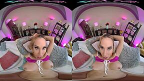 Inked blonde with large breasts pleasures herself with toys in immersive VR