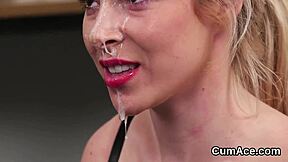Beautiful woman receives a facial filled with hot cum
