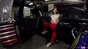 Redhead babe enjoys solo session in car service