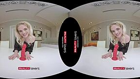 Blonde bombshell in VR: Tattooed European beauty's solo joyride