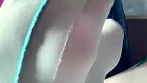 Seductive Asian wife in pantyhose achieves orgasm with dildo