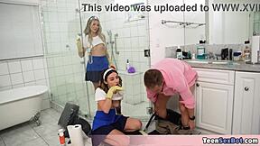 Petite stepdaughters get excited by the idea of free sex and cleaning