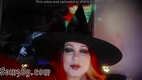 Naughty witch interacts with viewers on camera