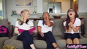 Tiny teens in a group sex encounter with well-endowed friend