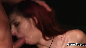 Sensual bombshell receives a face full of semen while eagerly consuming it all