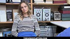 Cute and petite shoplifter Aften Opal gets caught and fucked by security guard