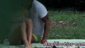 Glamorous beauty experiences intense anal play in public