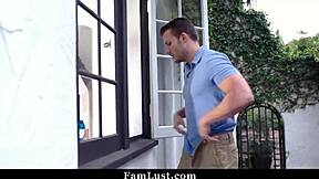 Mature woman trapped in window gets fucked by both stepsons for a wild threesome