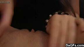 Steamy lesbian encounter between glasses-wearing teens on the couch