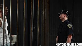Muscular gay men Roman Todd and Machine Thorne engage in intense anal and oral sex after bribing a cop