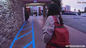 Thick Asian American teen gives a stunning blowjob in pantyhose