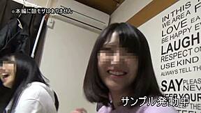 Slutty coed Mirai gets double teamed by horny coeds for intense creampie