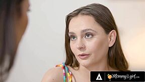 Seductive brunette teen educates her sultry stepmom in the art of oral pleasure