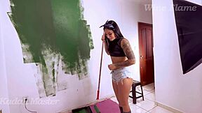 A man gives a creamy gift to the homeowner and then has anal sex with him.