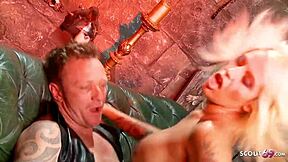 A mature woman dominates her younger lover and gives him a rough fuck.