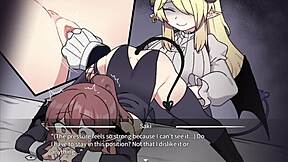 Corporate vixen in bondage in this anime game.