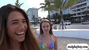 Beautiful women exposed their breasts for money in public places.