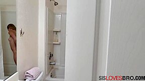 Nerdy step-sister Aften Opal gives a hardcore blowjob after a hot shower session