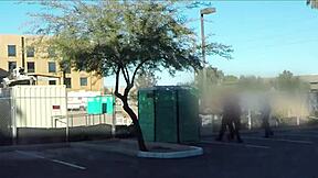 Construction workers have oral sex with strangers in an outhouse at a porta loo site.