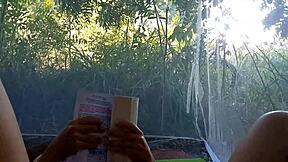 A student gets fucked and cream pied in a forest reading tent.