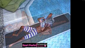 Erotic cartoon of a woman taken at a public swimming pool.