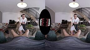 VR porn with a taboo theme featuring a shaved brunette