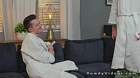 Gay men return to the set and have anal sex on the sofa