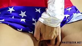 Wonder Woman cosplay gets naughty in a public place and squirts