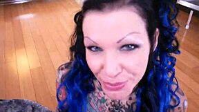 Beautiful black-haired woman with great natural tits gives great POV blowjob and swallows cum