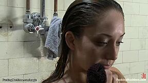 Lesbians have shower sex with a sex machine and enjoy anal and squirting orgasms