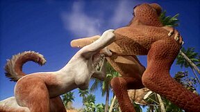 A hot scene of a wolf and a lizard squirting while in the act of making love in the wild.