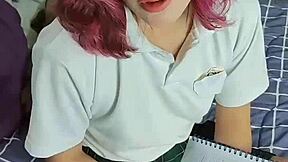 Skinny teen masturbates in uniform, hoping to improve grades