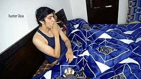 A man and his girlfriend try out new things in their bedroom