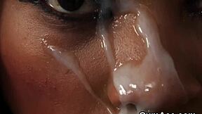 Beautiful woman with an attitude gets facial with cum swap and bukkake