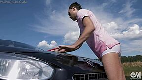 Straight lads try out gay car wash and sex with erection