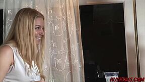 Holly is a blonde beauty who suffers a deep throat penetration and facial with cum