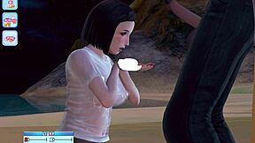 Beautiful women in handcuffs in a hot beach resort in a hentai game
