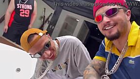 Two gay men of average build eat a overweight man in a bisexual scene