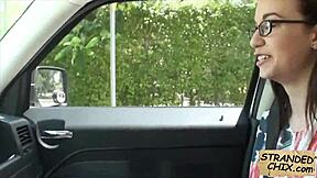 An amateur teen gets a lift and gives a blowjob to the driver in a hidden camera video